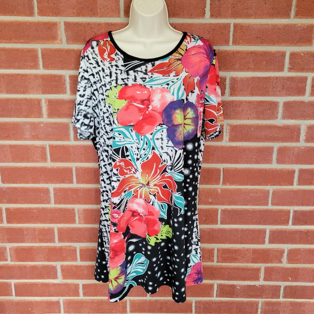 Black Multicolor Floral Mixed Print Tunic Dress Short Sleeve Women’s #426